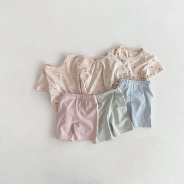 半袖パジャマ キッズパジャマセット 半袖ハートプリントTシャツ+ボーダーショートパンツ ルームウェア 3カラー