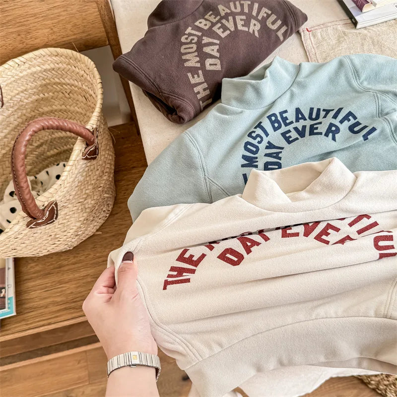 トレーナー・フーディ キッズスウェットシャツ レターロゴプリント ハイネックトップス 裏フリースTシャツ 3カラー ユニセックス 男の子 女の子 子供服