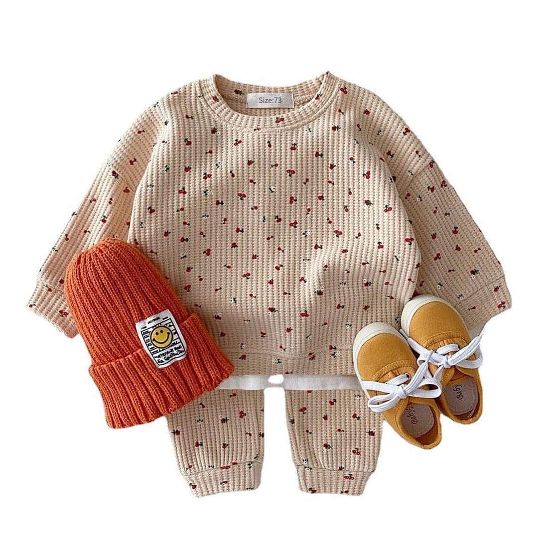 長袖セットアップ ☺︎ ベビー セットアップ 長袖Tシャツ パンツ ワッフル 花柄 フラワープリント アプリコット ピンク イエロー 3カラー ユニセックス 男の子 女の子 子供服