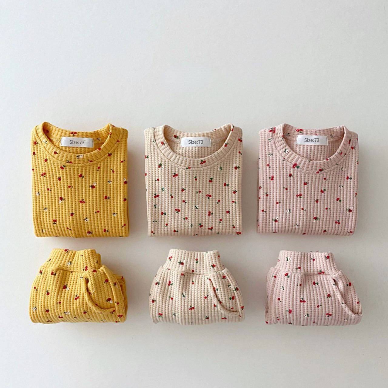 長袖セットアップ ☺︎ ベビー セットアップ 長袖Tシャツ パンツ ワッフル 花柄 フラワープリント アプリコット ピンク イエロー 3カラー ユニセックス 男の子 女の子 子供服
