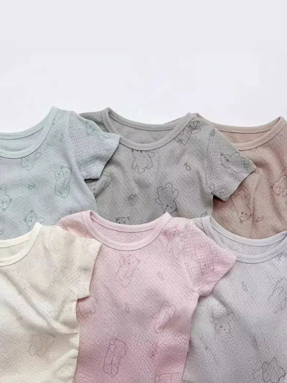 半袖セットアップ ベビーパジャマセット 半袖Tシャツ+ショートパンツ ベアくまプリント ルームウェア パステル 3カラー【mh0005466】