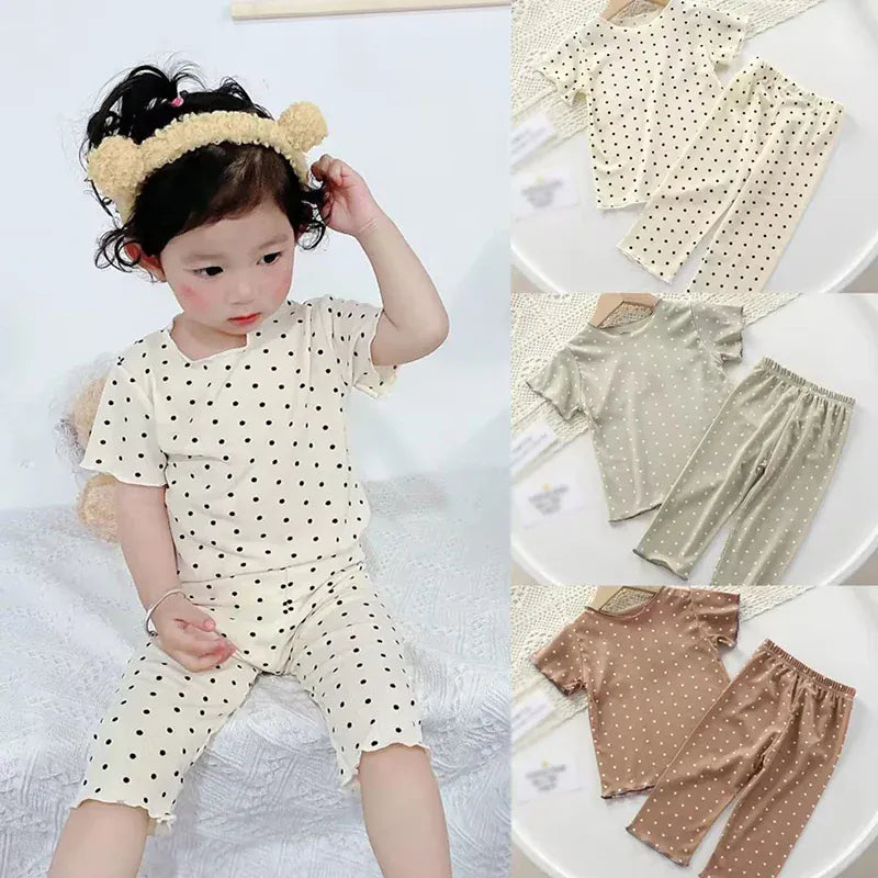 半袖パジャマ キッズパジャマ 半袖パジャマセット 半袖Tシャツ+ロングパンツ 水玉ドットプリント 3カラー【mh0006077】