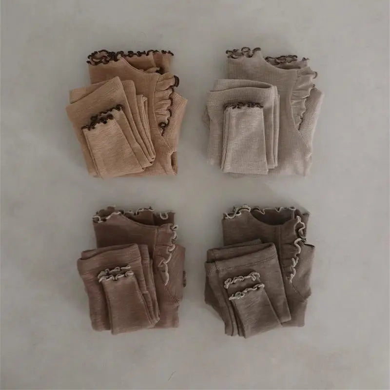 長袖パジャマ キッズパジャマセット フリル長袖Tシャツ+ロングパンツ ルームウェア 3カラー【mh0007490】