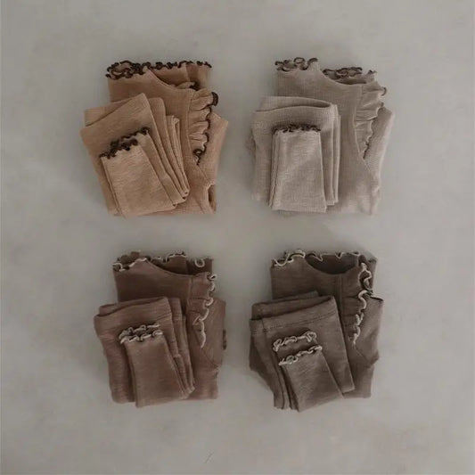 長袖パジャマ キッズパジャマセット フリル長袖Tシャツ+ロングパンツ ルームウェア 3カラー【mh0007490】