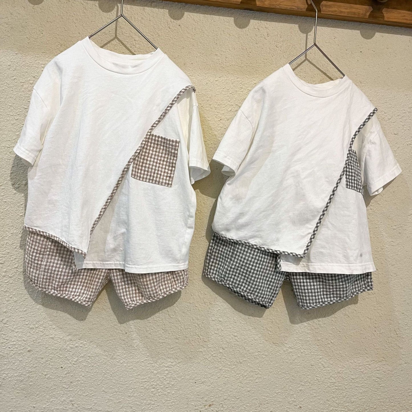 半袖セットアップ キッズ セットアップ チェック 半袖 アシメ デザイン Tシャツ ショートパンツ カーキ グレー ユニセックス 5729C