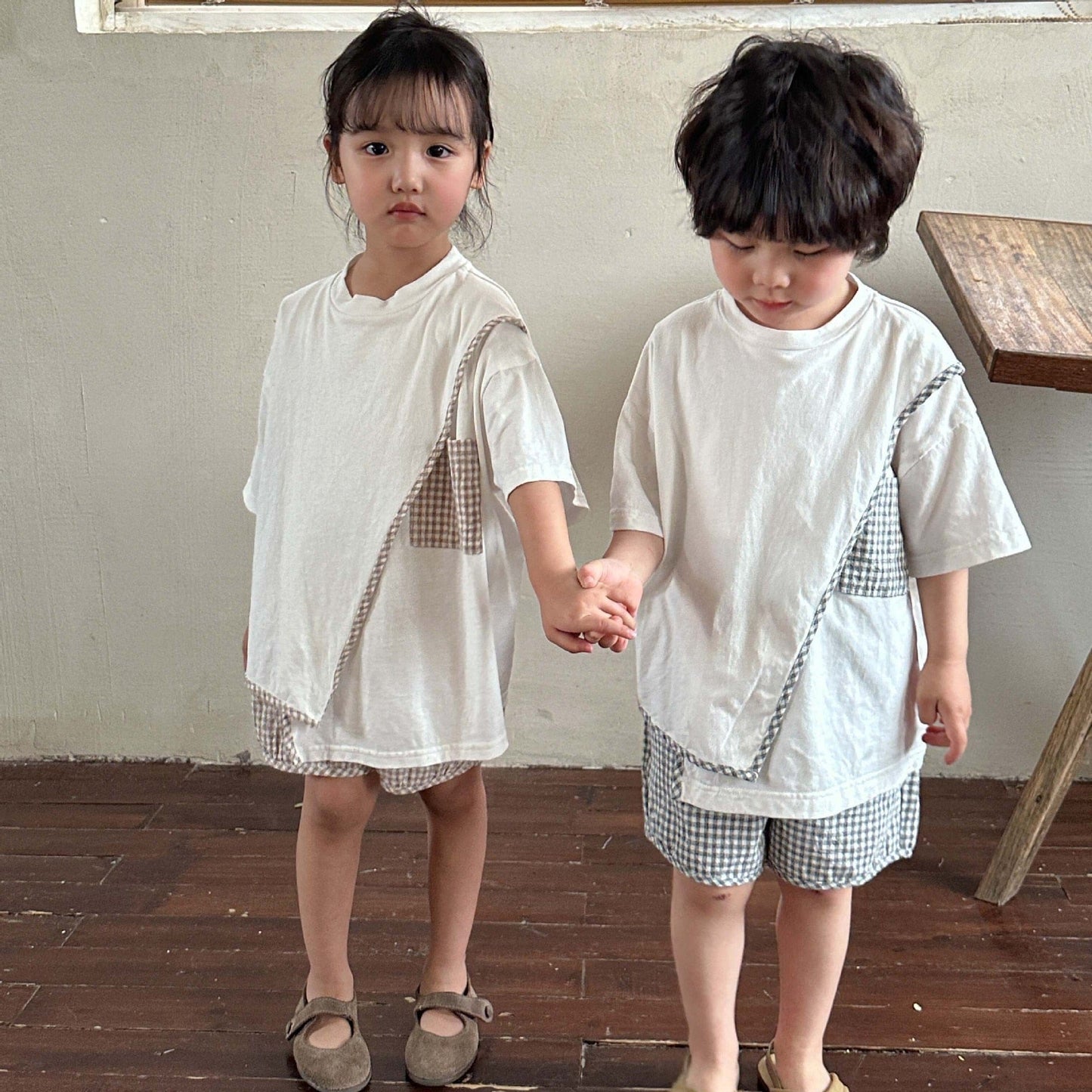 半袖セットアップ キッズ セットアップ チェック 半袖 アシメ デザイン Tシャツ ショートパンツ カーキ グレー ユニセックス 5729C