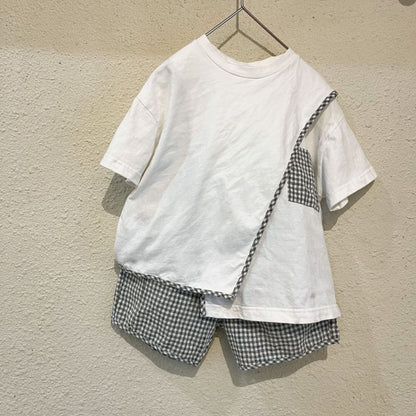 半袖セットアップ キッズ セットアップ チェック 半袖 アシメ デザイン Tシャツ ショートパンツ カーキ グレー ユニセックス 5729C