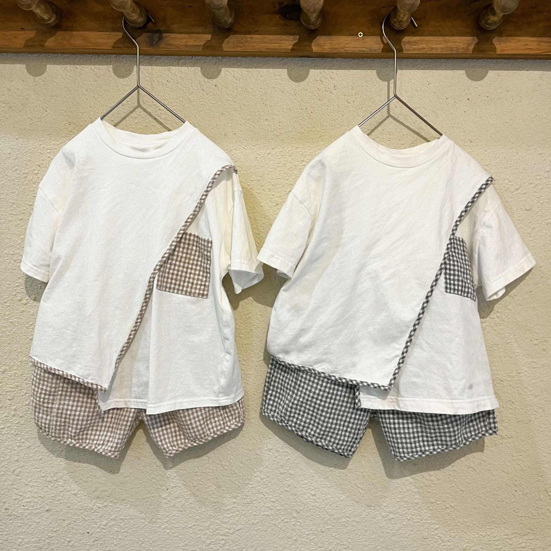 半袖セットアップ キッズ セットアップ チェック 半袖 アシメ デザイン Tシャツ ショートパンツ カーキ グレー ユニセックス 5729C