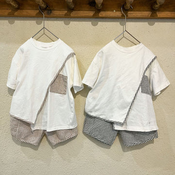 半袖セットアップ キッズ セットアップ チェック 半袖 アシメ デザイン Tシャツ ショートパンツ カーキ グレー ユニセックス 5729C