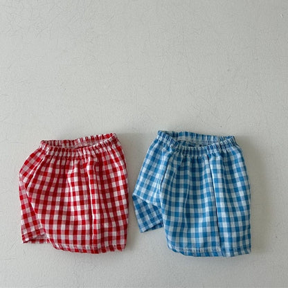 半袖セットアップ ベビー キッズ セットアップ アップル りんご 半袖 Tシャツ チェック ショートパンツ ブルー レッド ユニセックス 5873B