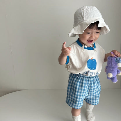 半袖セットアップ ベビー キッズ セットアップ アップル りんご 半袖 Tシャツ チェック ショートパンツ ブルー レッド ユニセックス 5873B