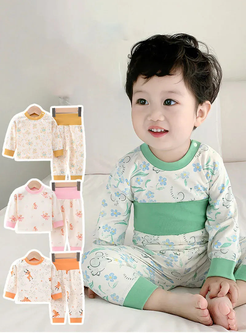 長袖パジャマ ベビーパジャマセット アニマルプリント長袖肩開きTシャツ+ハイウエストパンツ 7カラー【mh0007754】