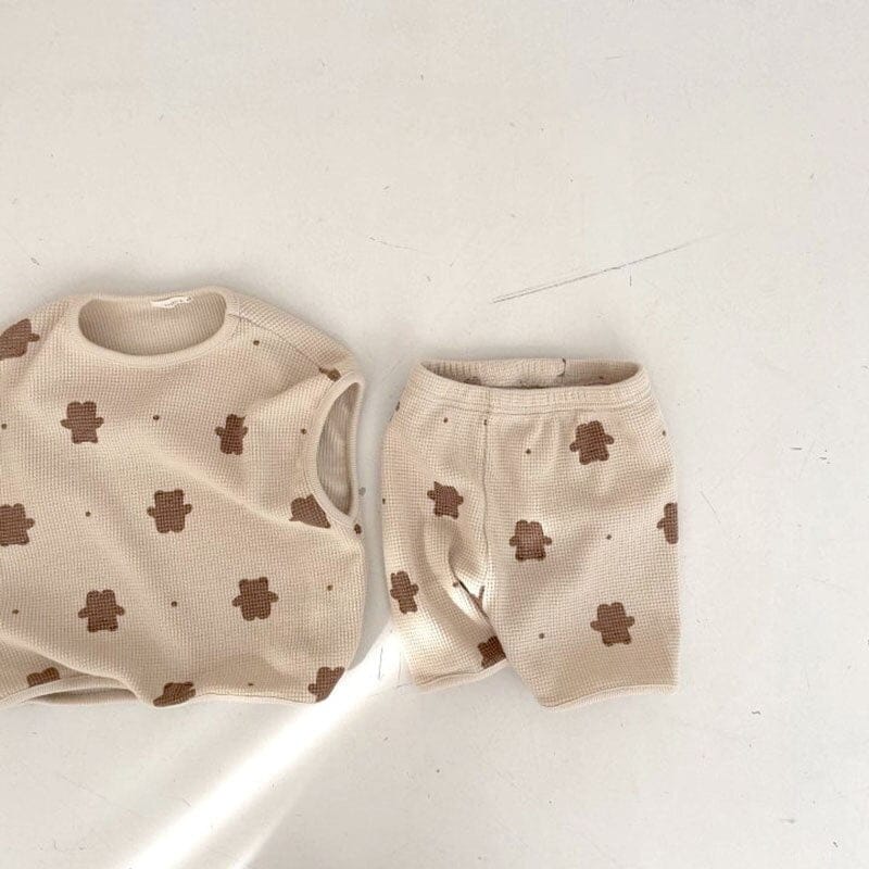 ノースリーブセットアップ ベビー ワッフル セットアップ くま ベア ノースリーブ Tシャツ ショートパンツ ボーイズ【mh0002441】