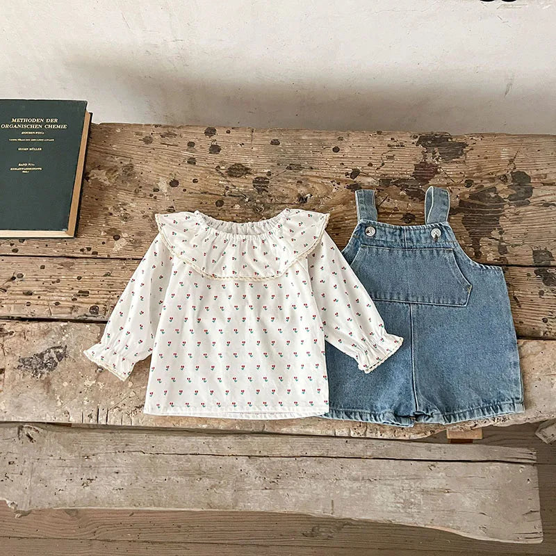 サロペットパンツ・サスペンダーパンツ ベビーサロペット 長袖Tシャツ デニムサスペンダーパンツ オーバーオール フリル長袖ブラウス【mh0004231】