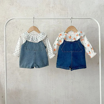 サロペットパンツ・サスペンダーパンツ ベビーサロペット 長袖Tシャツ デニムサスペンダーパンツ オーバーオール フリル長袖ブラウス【mh0004231】