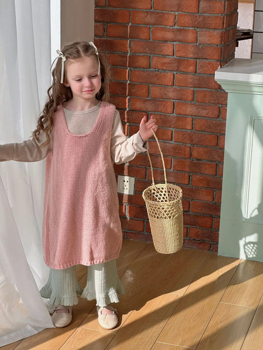 ロングパンツ・スウェットパンツ キッズトップス パンツ ニットノースリーブベスト プリント長袖 Tシャツ ワイドレッグパンツ【mh0004418】