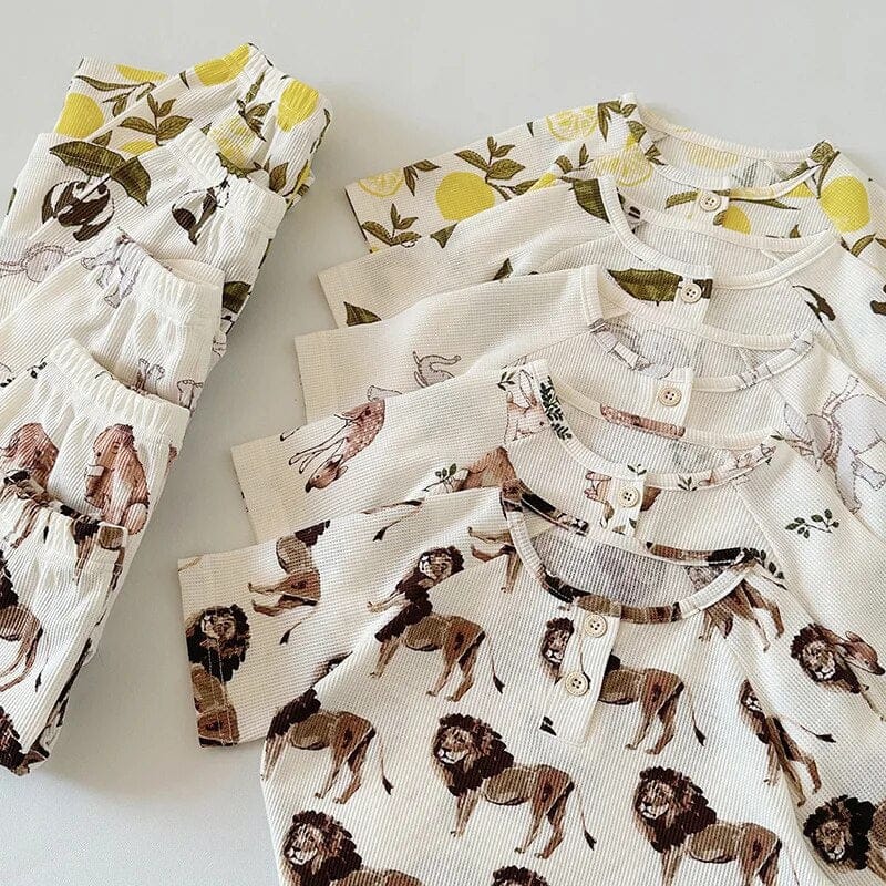 半袖パジャマ キッズパジャマセット ワッフル 半袖Tシャツ+ハーフパンツ アニマルプリント柄【mh0004594】