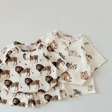 半袖パジャマ キッズパジャマセット ワッフル 半袖Tシャツ+ハーフパンツ アニマルプリント柄【mh0004594】