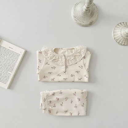 長袖パジャマ ベビー長袖パジャマセット 長袖レース襟Tシャツ+ロングパンツ フラワー小花柄プリント【mh0004634】