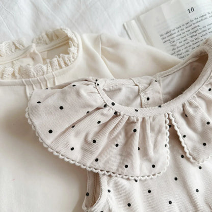 ノースリーブロンパース ベビートップス/ロンパース 長袖スタンドフリルカラーTシャツ/ノースリーブビッグ襟水玉ボディスーツ【mh0004636】