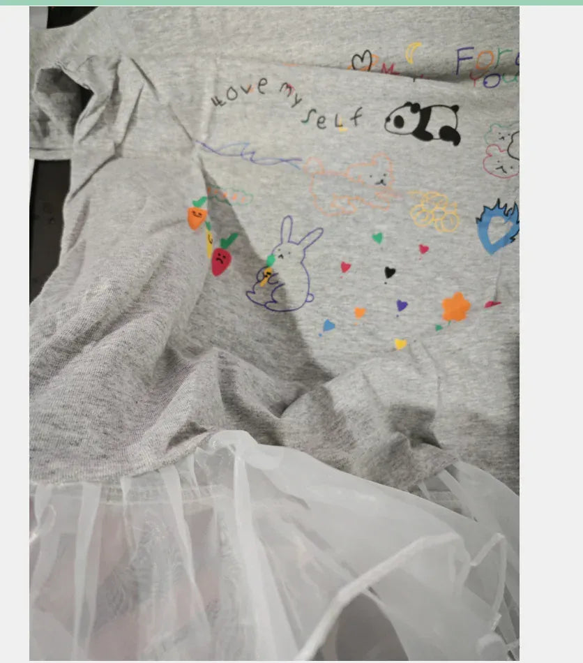 半袖ワンピース キッズワンピース 半袖Tシャツワンピース チュチュチュールフリル お絵描きプリント グレー【mh0006109】