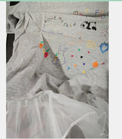 半袖ワンピース キッズワンピース 半袖Tシャツワンピース チュチュチュールフリル お絵描きプリント グレー【mh0006109】