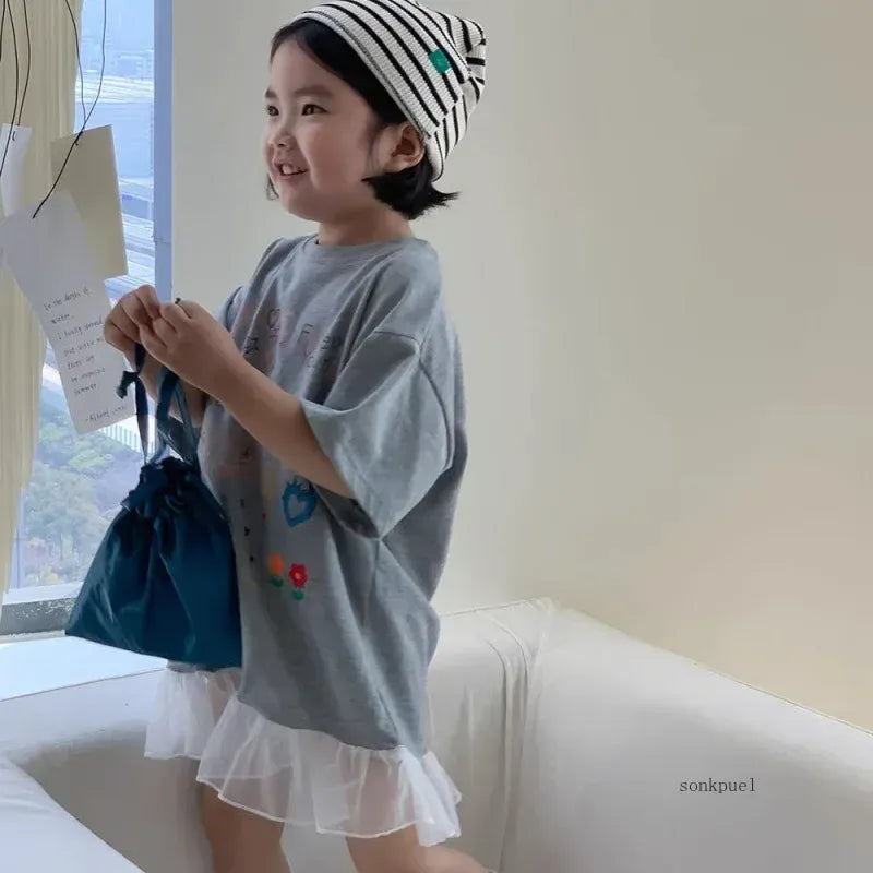 半袖ワンピース キッズワンピース 半袖Tシャツワンピース チュチュチュールフリル お絵描きプリント グレー【mh0006109】