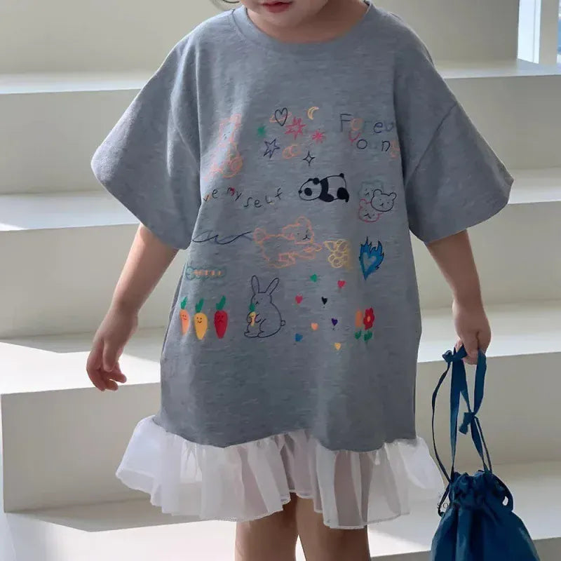半袖ワンピース キッズワンピース 半袖Tシャツワンピース チュチュチュールフリル お絵描きプリント グレー【mh0006109】
