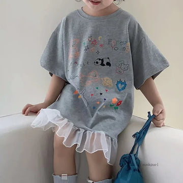 半袖ワンピース キッズワンピース 半袖Tシャツワンピース チュチュチュールフリル お絵描きプリント グレー【mh0006109】