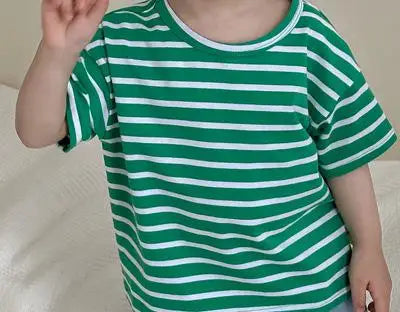 半袖セットアップ ベビートップス/パンツ 半袖ボーダーTシャツ/デニムショートパンツ【mh0006294】