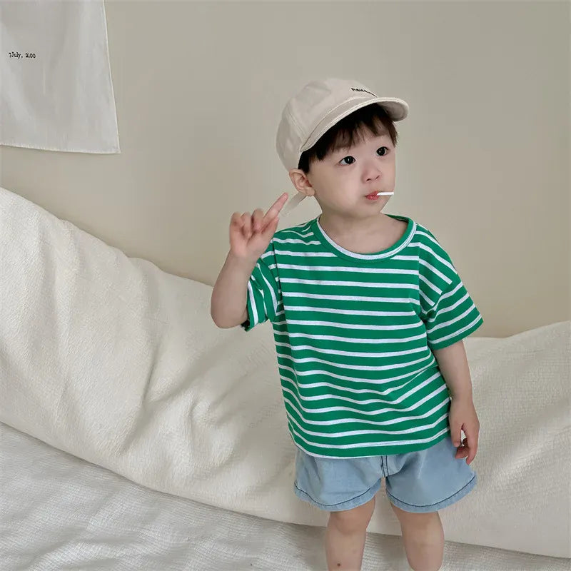 半袖セットアップ ベビートップス/パンツ 半袖ボーダーTシャツ/デニムショートパンツ【mh0006294】