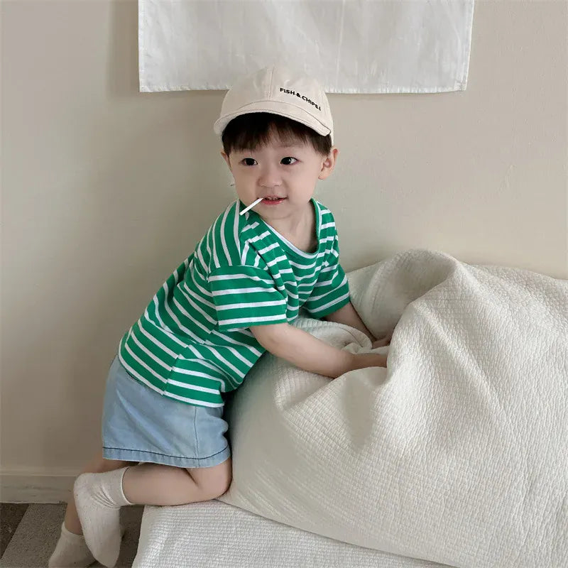 半袖セットアップ ベビートップス/パンツ 半袖ボーダーTシャツ/デニムショートパンツ【mh0006294】