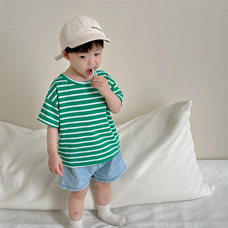 半袖セットアップ ベビートップス/パンツ 半袖ボーダーTシャツ/デニムショートパンツ【mh0006294】