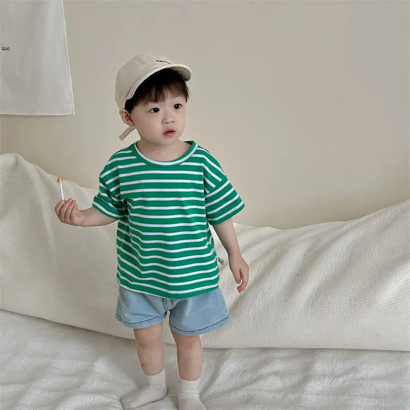 半袖セットアップ ベビートップス/パンツ 半袖ボーダーTシャツ/デニムショートパンツ【mh0006294】