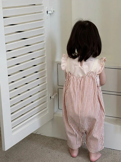 サロペットパンツ・サスペンダーパンツ ベビートップス/サロペット フリルスリーブTシャツ/ストライプサスペンダージャンプスーツ ピンク【mh0006306】