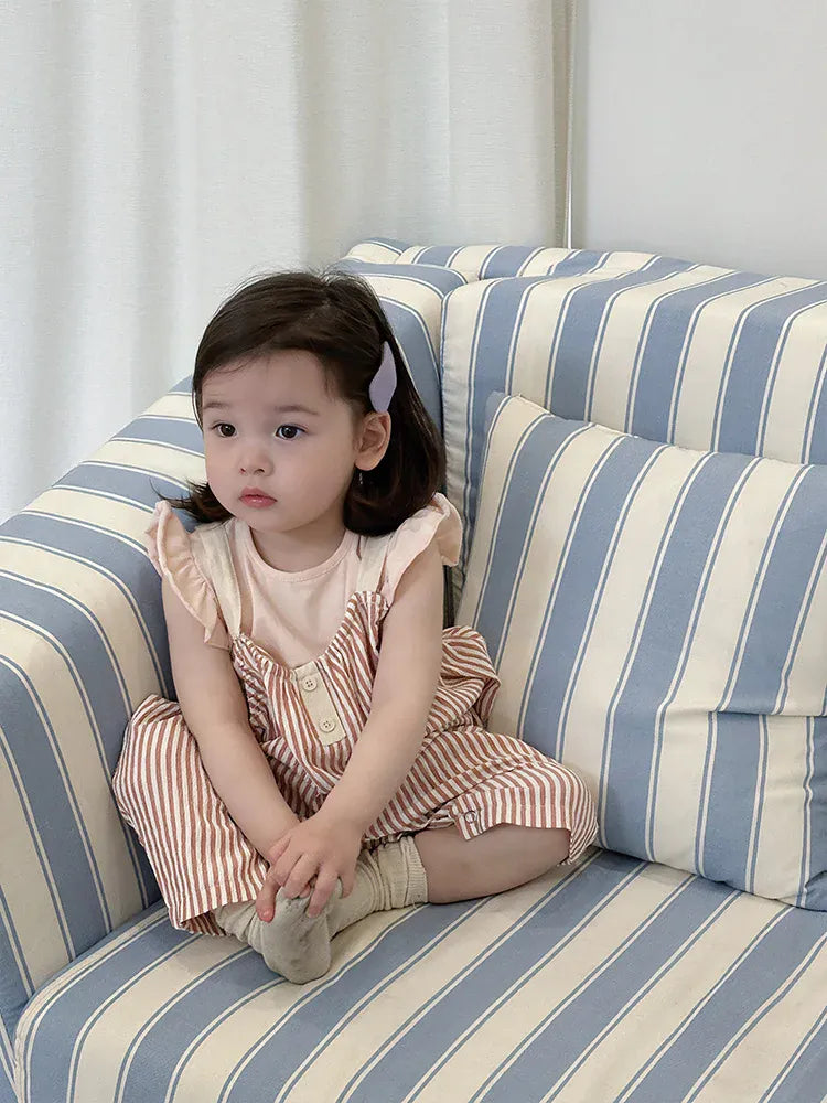 サロペットパンツ・サスペンダーパンツ ベビートップス/サロペット フリルスリーブTシャツ/ストライプサスペンダージャンプスーツ ピンク【mh0006306】