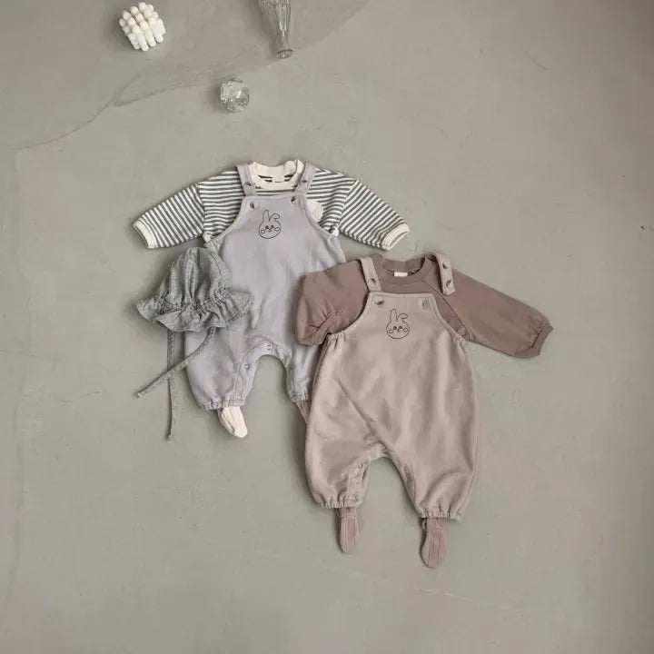 長袖セットアップ ベビートップス/ジャンプスーツ ボーダー長袖Tシャツ/うさぎオーバーオールロンパース【mh0006801】