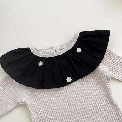 長袖セットアップ ベビートップス/パンツ フラワー刺繍ラッフル襟長袖カットソーTシャツ+ペプラムフリルロングパンツ【mh0007354】