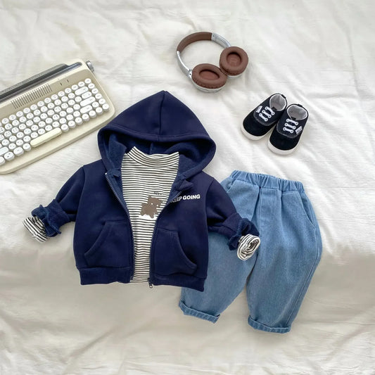 長袖セットアップ ベビーキッズトップス/パンツ 裏起毛フーディジップアップパーカー/ボーダーハイネック長袖Tシャツ/デニムルーズロングパンツ【mh0007457】