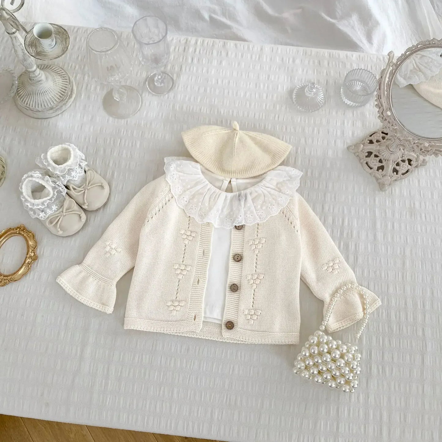 カーディガン・パーカー ベビーカーディガン/トップス 刺繍ベルスリーブ長袖ニットジャケット/ラッフル襟長袖Tシャツ【mh0007458】