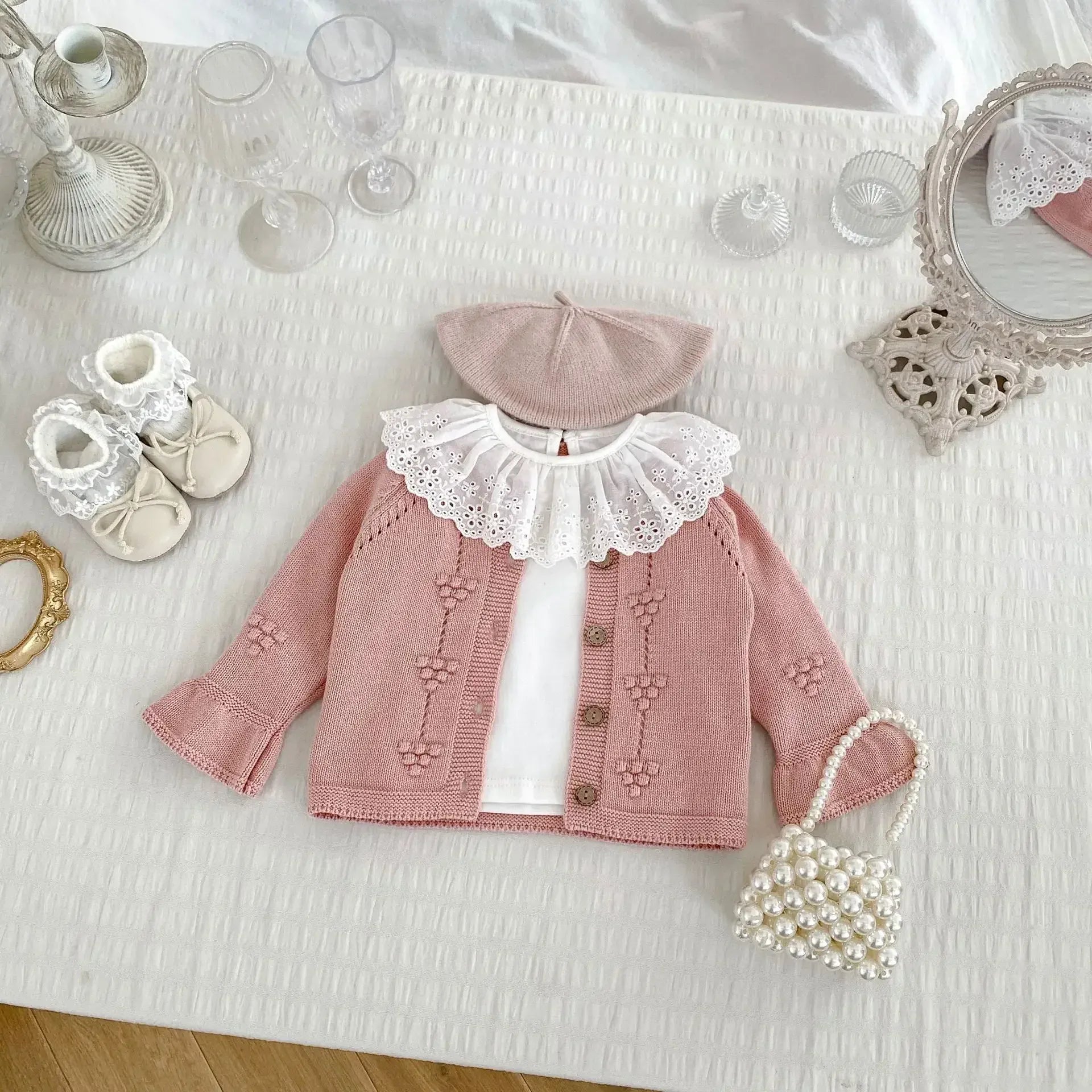 カーディガン・パーカー ベビーカーディガン/トップス 刺繍ベルスリーブ長袖ニットジャケット/ラッフル襟長袖Tシャツ【mh0007458】