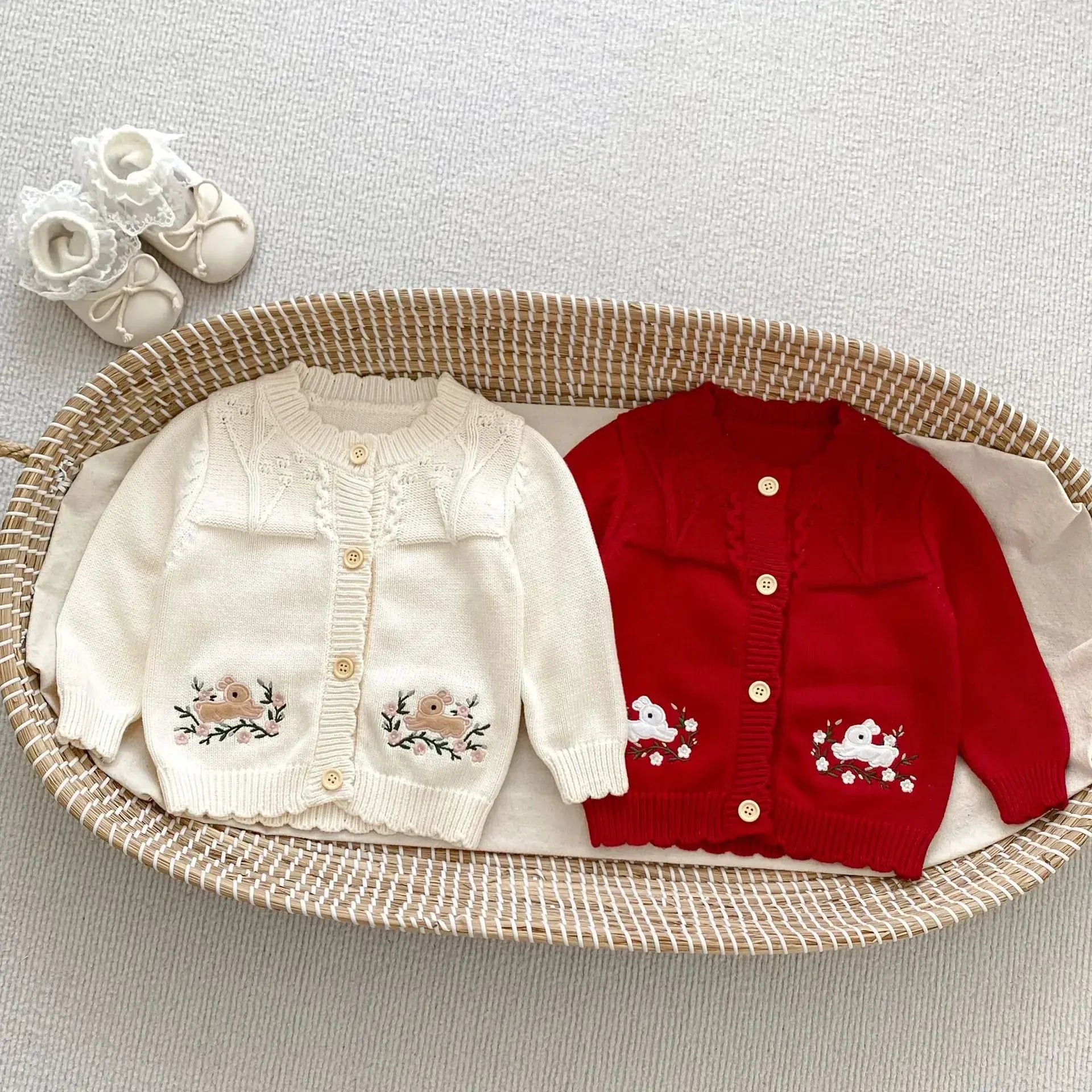 カーディガン・パーカー ベビーカーディガン/トップス うさぎラビット刺繍長袖ニットジャケット/ラッフル襟長袖Tシャツ【mh0007461】