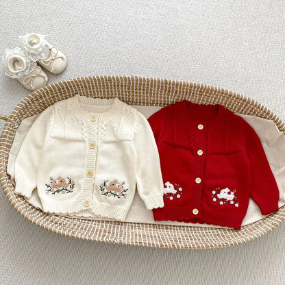 カーディガン・パーカー ベビーカーディガン/トップス うさぎラビット刺繍長袖ニットジャケット/ラッフル襟長袖Tシャツ【mh0007461】