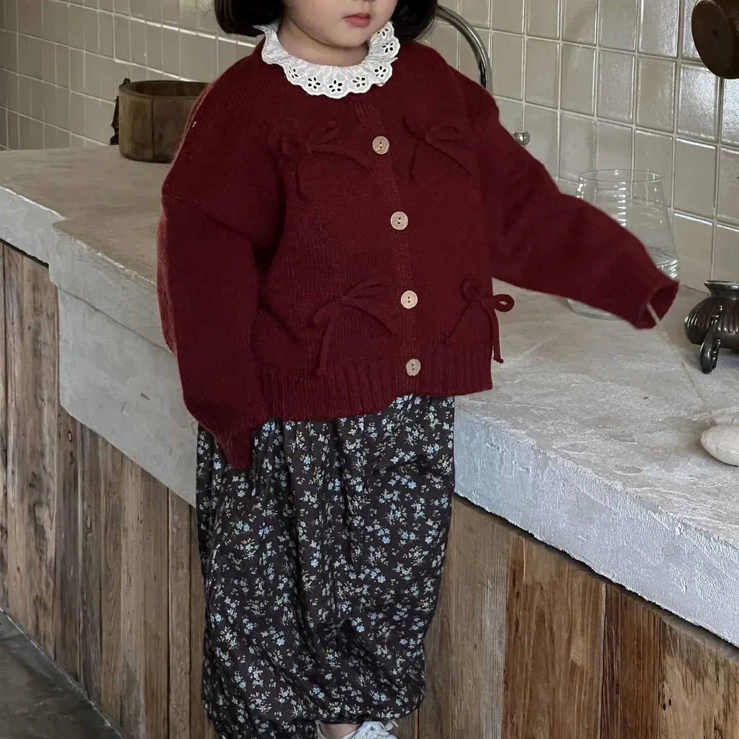 長袖セットアップ ベビーカーディガン/トップス/パンツ リボン長袖ニットジャケット/ラッフル襟長袖パフスリーブTシャツ/フラワープリントロングパンツ【mh0007534】