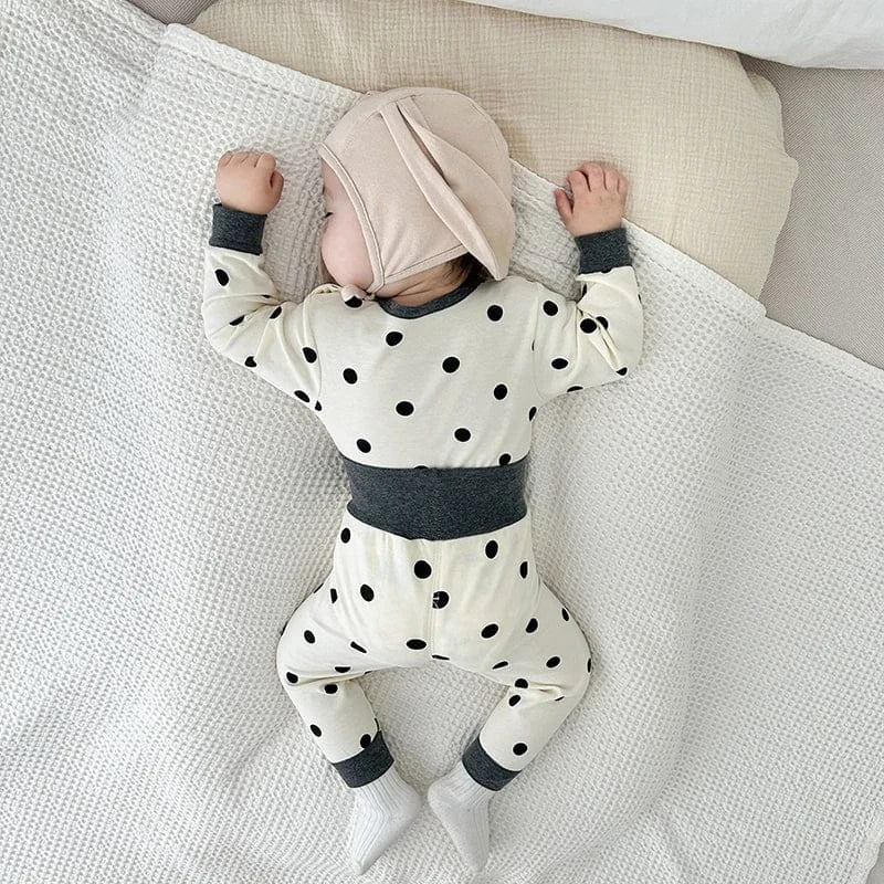 長袖パジャマ ベビーパジャマセット ドット水玉プリント長袖Tシャツ+ハイウエストパンツ【mh0007757】