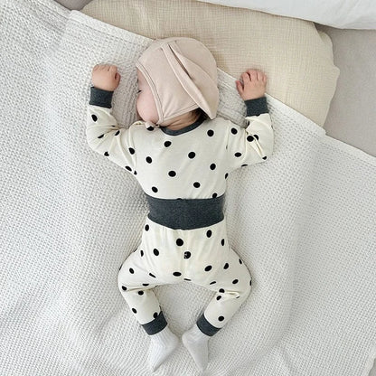 長袖パジャマ ベビーパジャマセット ドット水玉プリント長袖Tシャツ+ハイウエストパンツ【mh0007757】