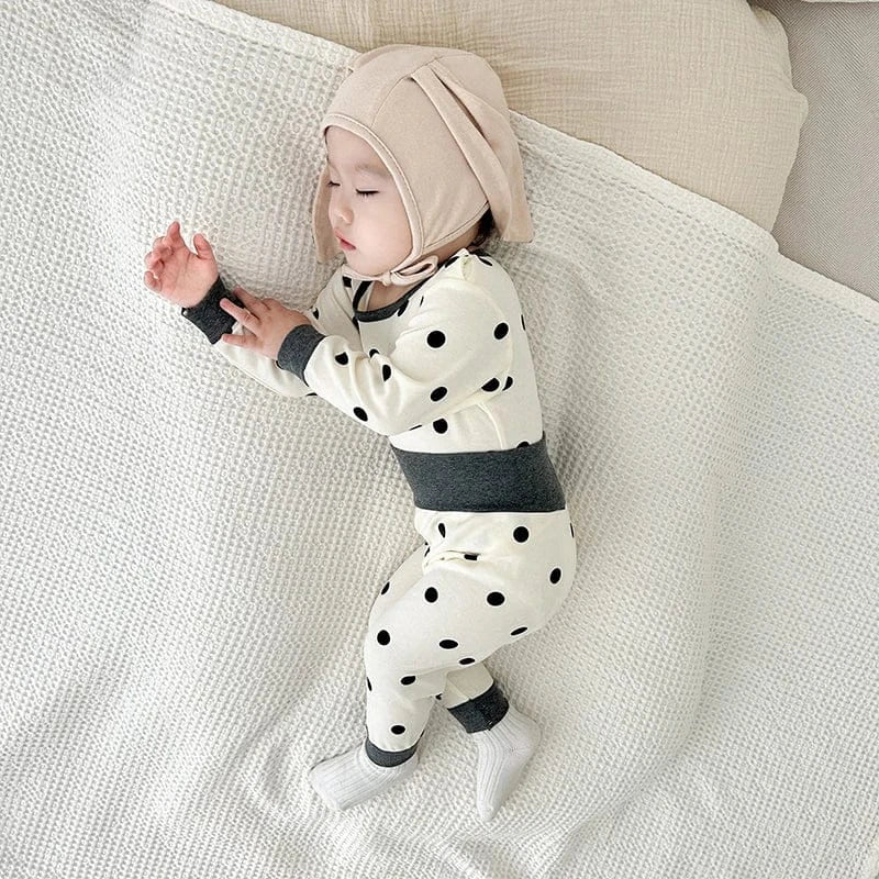 長袖パジャマ ベビーパジャマセット ドット水玉プリント長袖Tシャツ+ハイウエストパンツ【mh0007757】