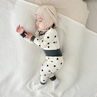 長袖パジャマ ベビーパジャマセット ドット水玉プリント長袖Tシャツ+ハイウエストパンツ【mh0007757】