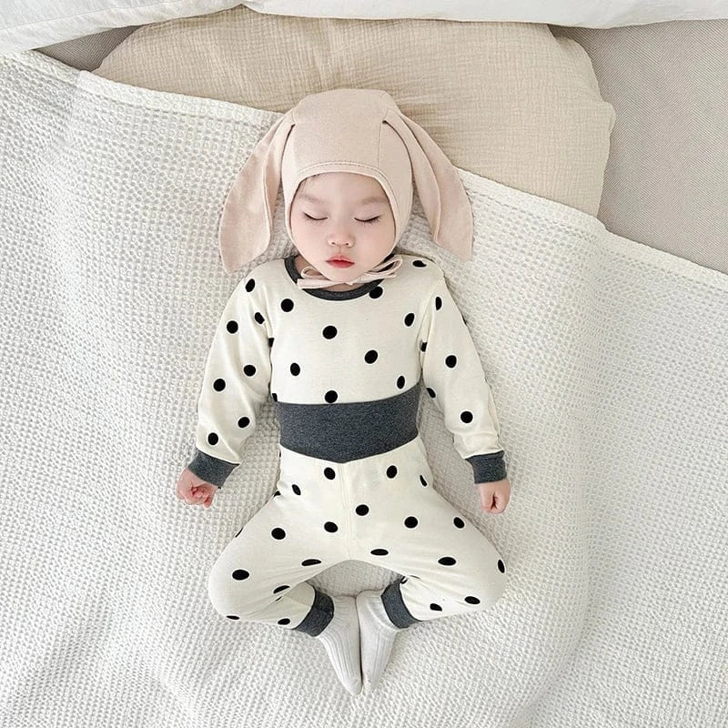 長袖パジャマ ベビーパジャマセット ドット水玉プリント長袖Tシャツ+ハイウエストパンツ【mh0007757】