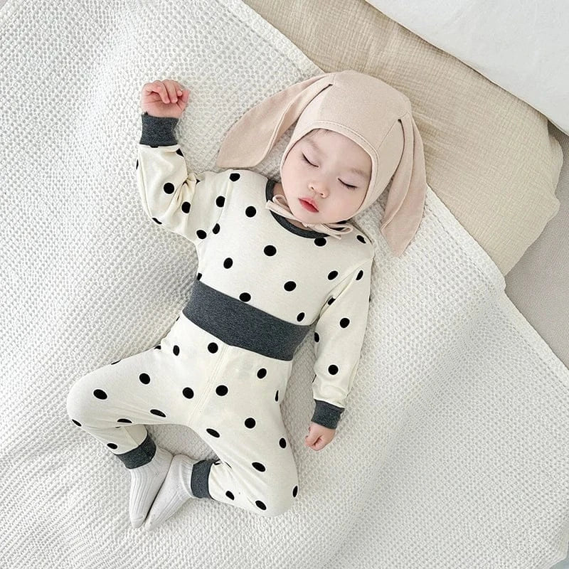 長袖パジャマ ベビーパジャマセット ドット水玉プリント長袖Tシャツ+ハイウエストパンツ【mh0007757】